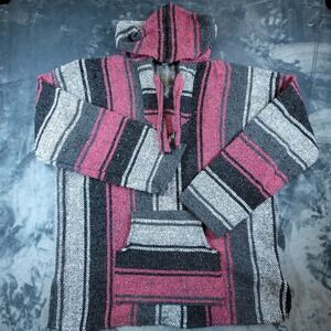 Artesanias FR Inc Mens XL Baja Hoodie Mexican Jerga Pink Grey Striped Pullover